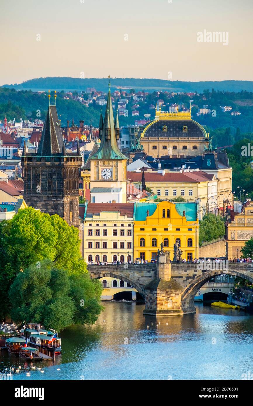 Czech Republic, Prague. View of Charles Bridge and buildings in Mala Strana Old Town from Letna Park, on Letna Hill. Stock Photo