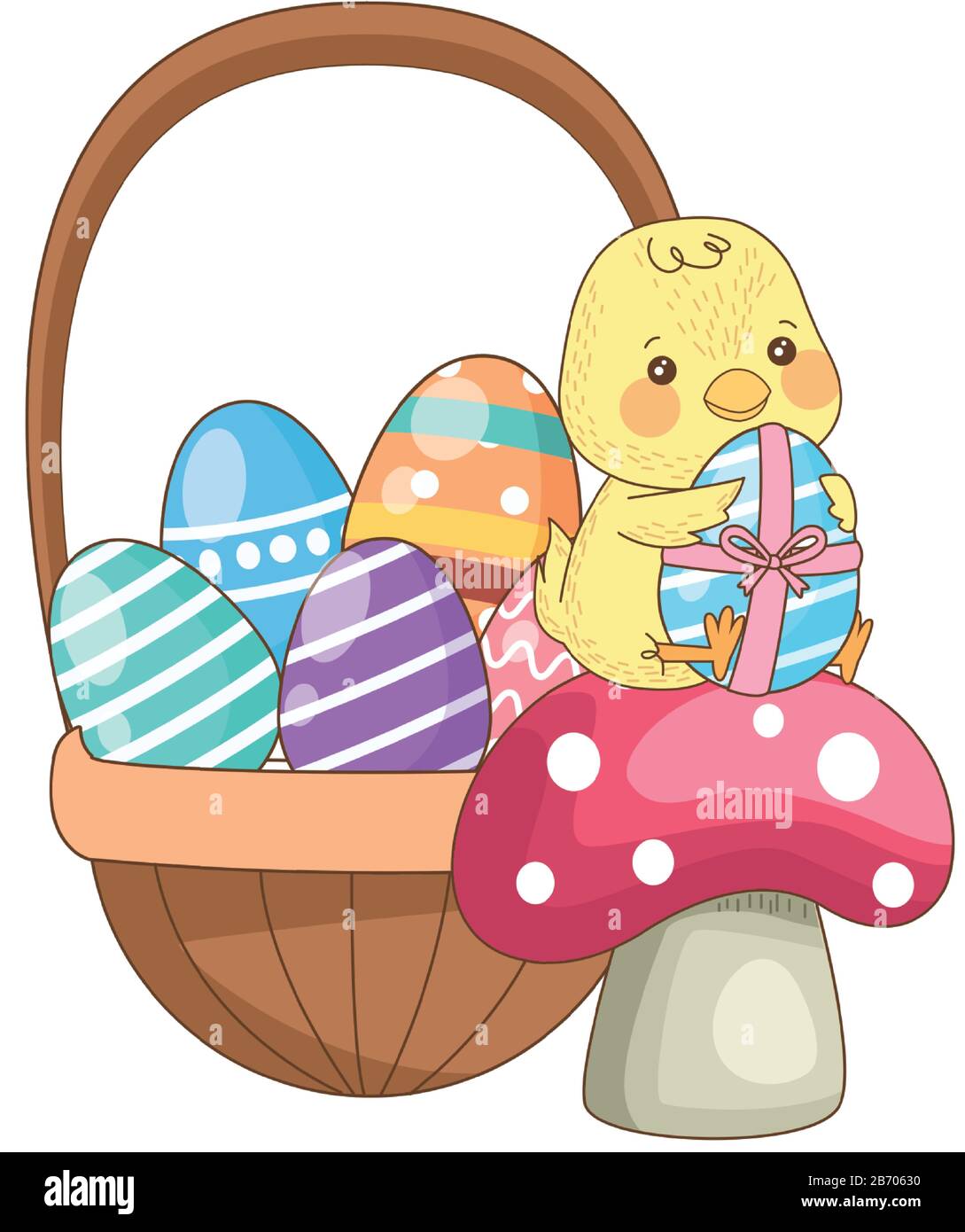 eggs painted easter in basket with little chick Stock Vector
