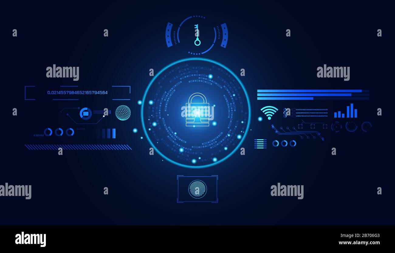 Abstract Cyber security with padlock blue hud interface icon and circle ...