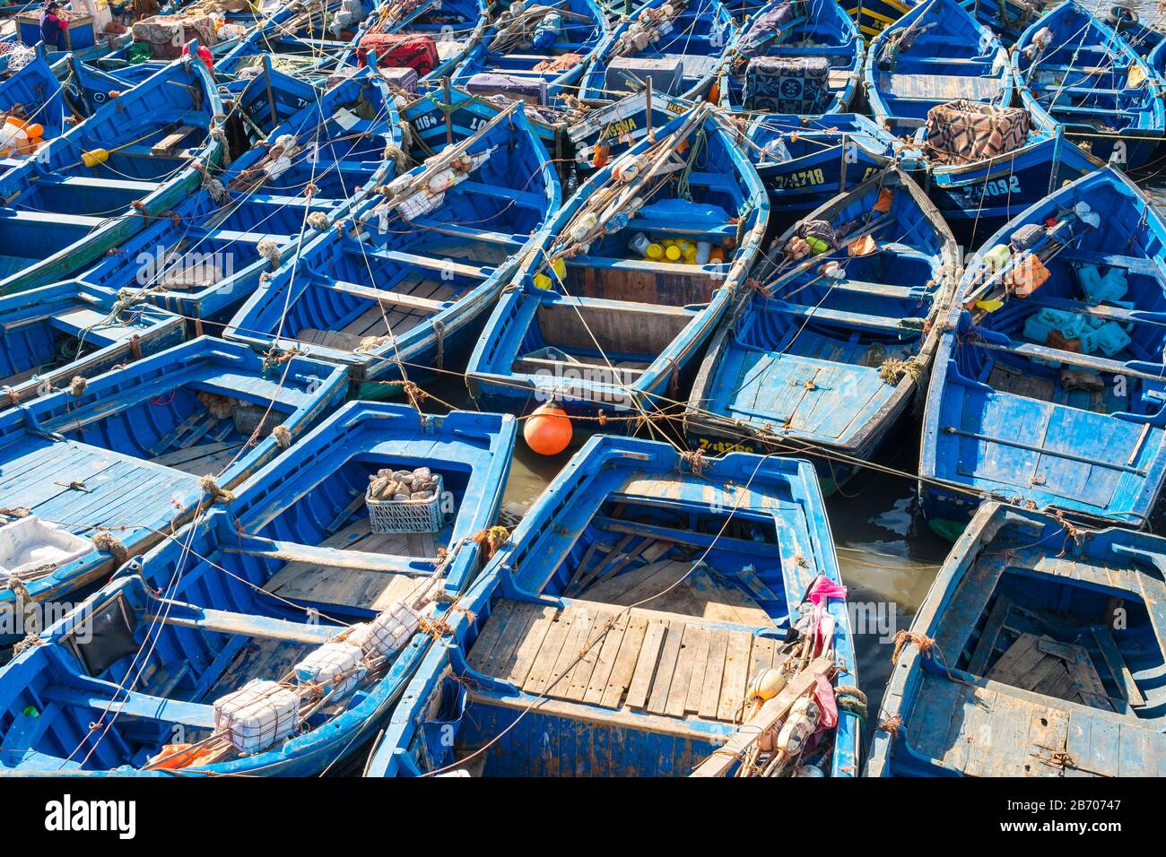 Morocco, Marrakesh-Safi (Marrakesh-Tensift-El Haouz) region, Essaouira. Boats in the fishing port. Stock Photo
