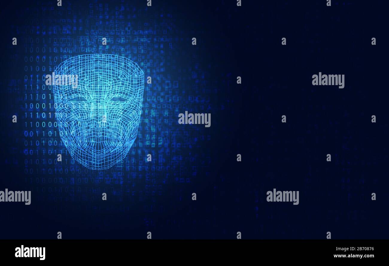 abstract hologram computing face  artificial intelligence for identity innovation on future design background. Stock Vector