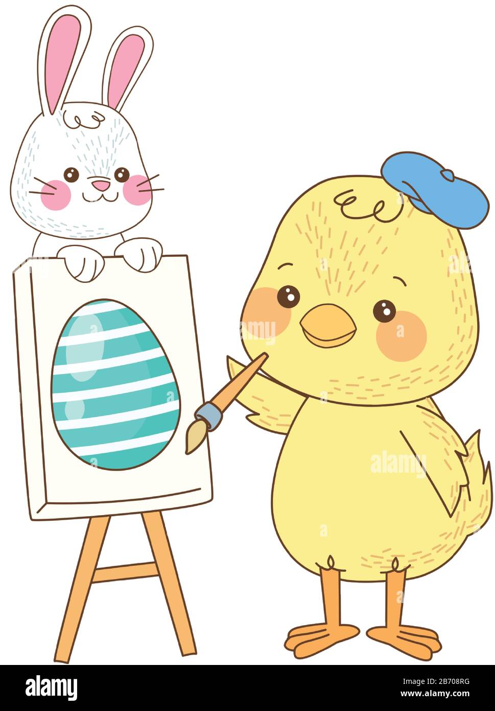 little rabbit and chick painting egg easter characters Stock Vector
