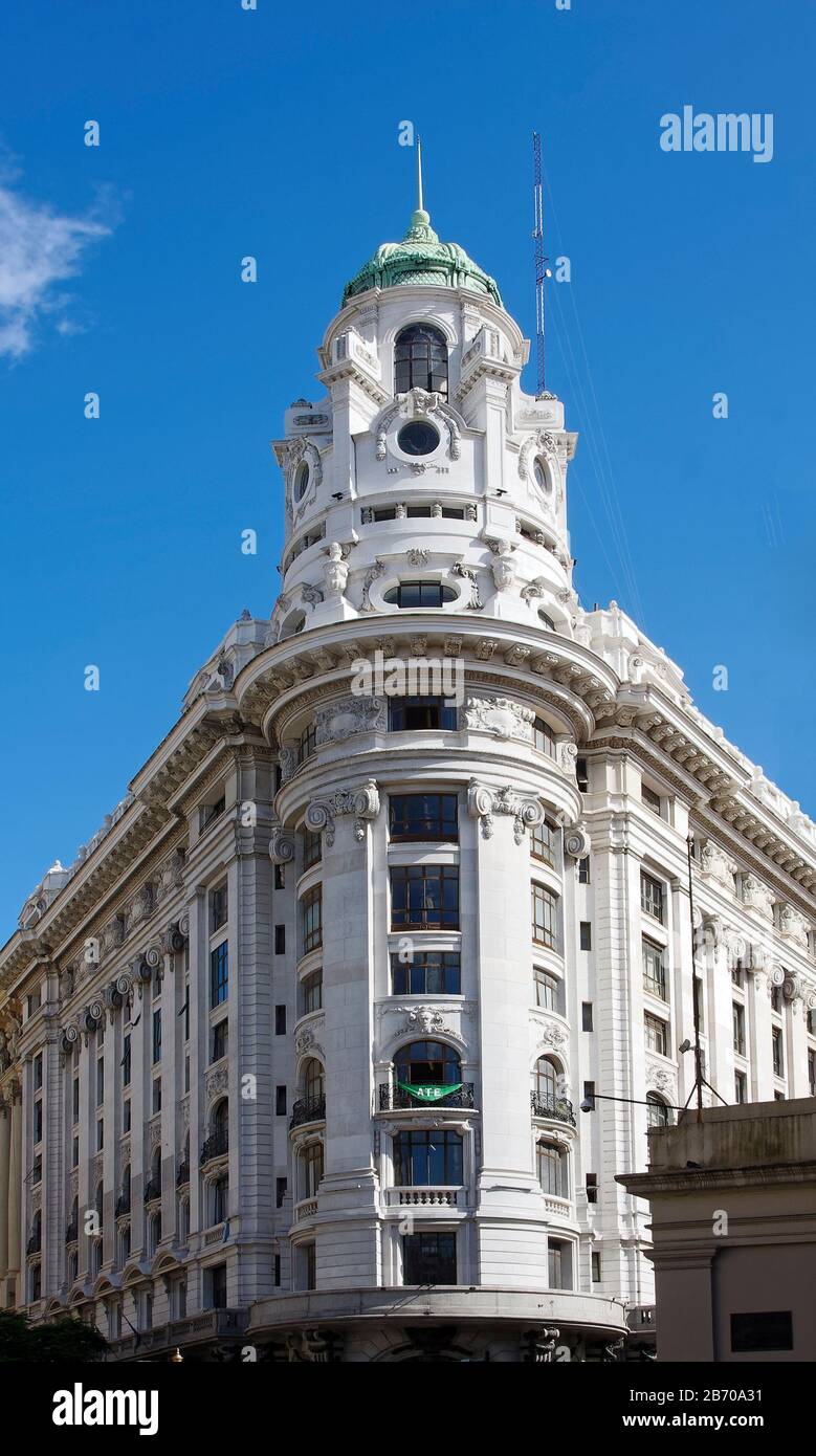 corner building; dome; multiple windows, old, attractive architecture, Plaza de Mayo; city square; 1884; South America; Buenos Aires; Argentina; summe Stock Photo