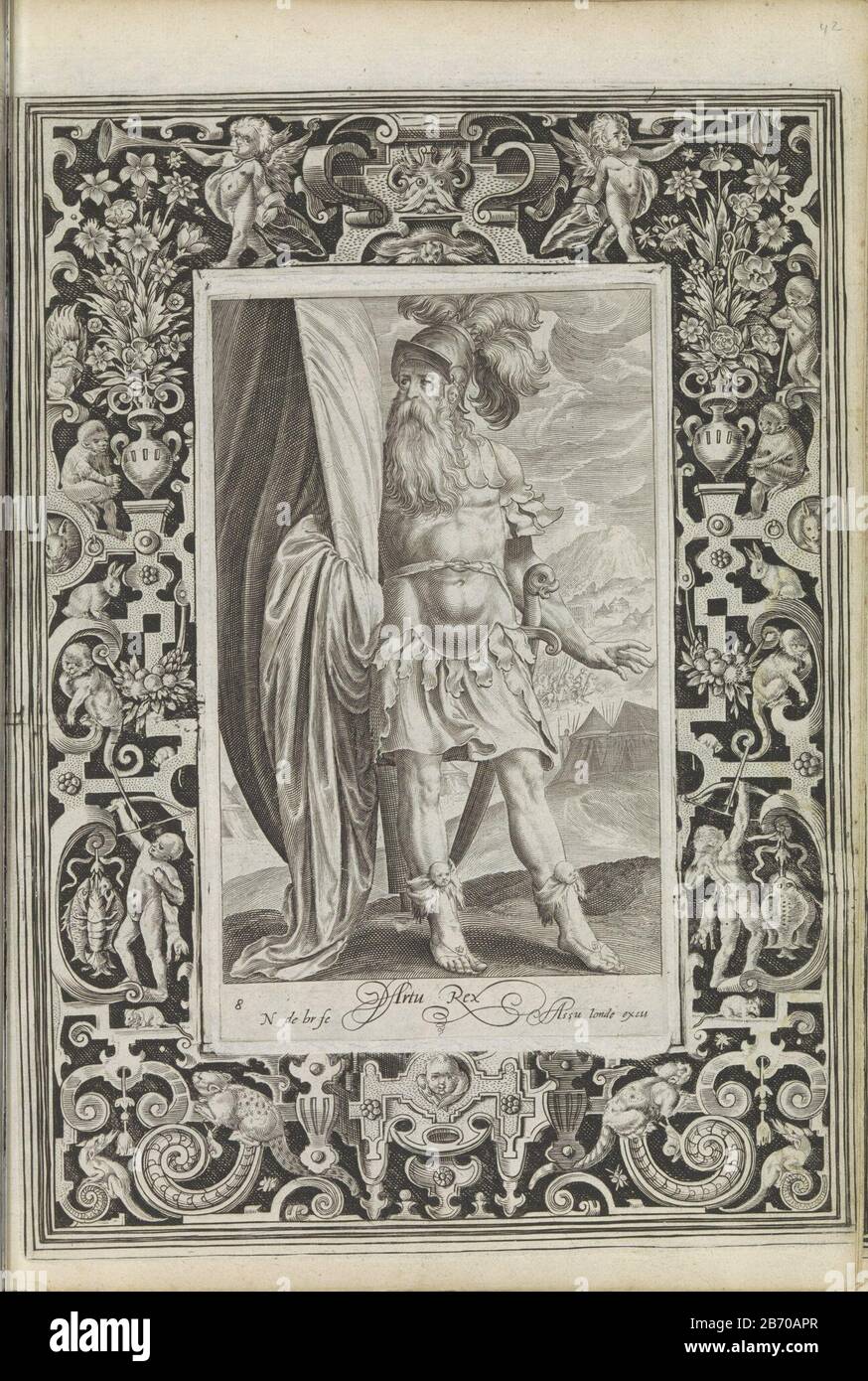 Koning Arthur Artu Rex (titel op object) Negen besten (serietitel) King Arthur, a famous general of the Christian era , stands with a banner in his hand in a landscape. He is part of the Nine Besten. Among the show a verse in Latin. The show is held in a frame with swirl ornaments and various animals such as a cat lying in wait for a mouse, monkeys and rabbits Where: two boys hunting. This print is part of a album. Manufacturer : printmaker: Nicolaes de Bruyn (listed building) publisher: Assuerus of Londerseel (listed property) Place manufacture: Netherlands Date: 1582 - 1635 Physical features Stock Photo