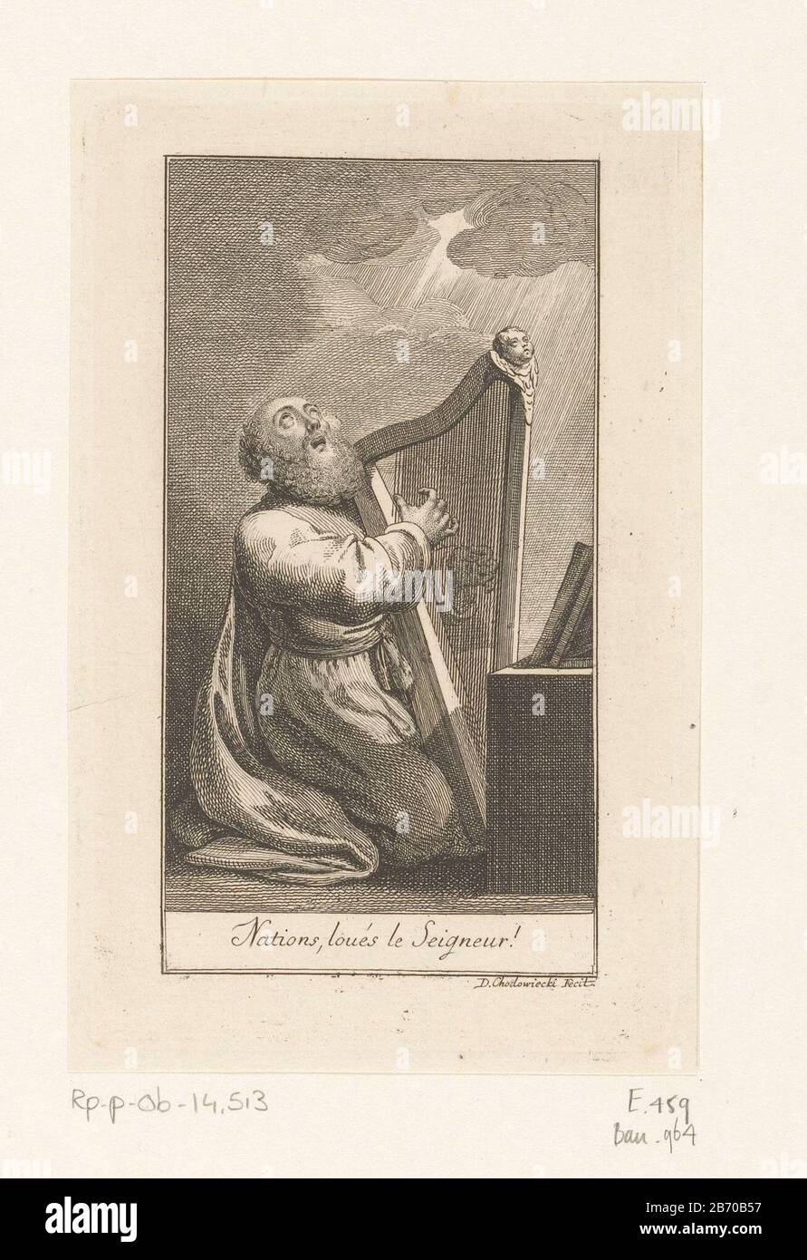 Koning David zingend met harp King David singing with harp object type: picture Item number: RP-P-OB-14.513Catalogusreferentie Bauer 964Engelmann 459-2 (2) Markings / Brands: collector's mark, verso, stamped: Lugt 2228 Manufacturer : printmaker Daniel Nikolaus ChodoWie: CKI (listed property) Place manufacture: Berlin Date: 1782 Material: paper Technique: etching dimensions: plate edge: h 144 mm × W 90 mmToelichtingPrent used: Les Pseaumes David and fresh avec des prières, aux depens de la compagnie du consistoire. Berlin: G. J. Becker, 1783. Subject David as patron and musician David Sharp as Stock Photo