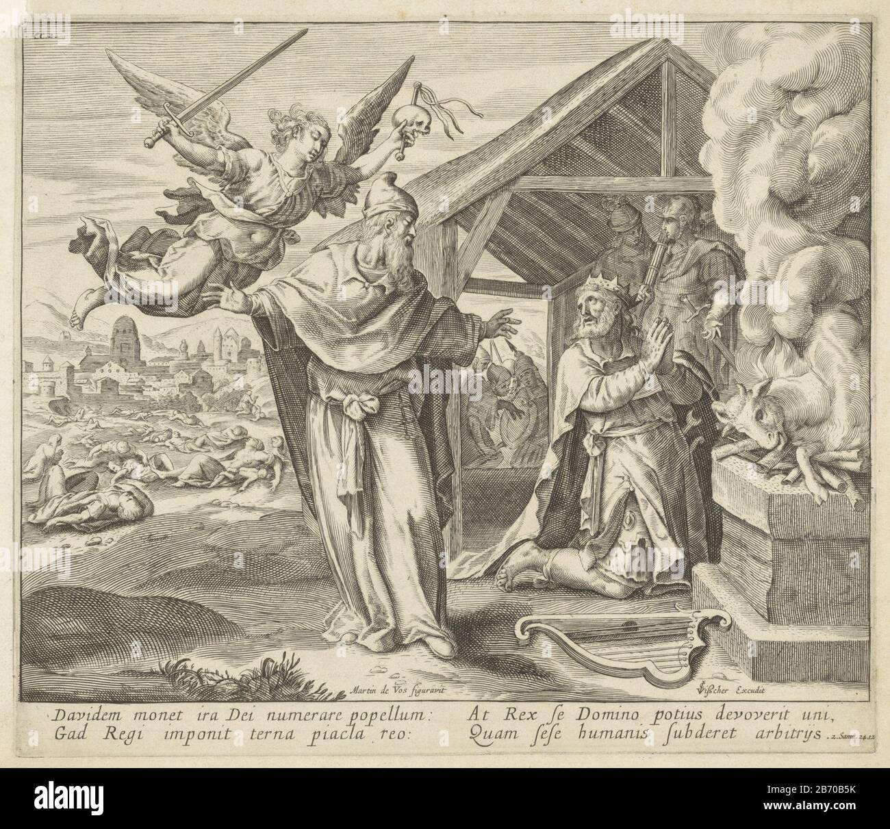 Koning David offert aan God en ziet de engel des doods Geschiedenis van Saul en David (serietitel) Theatrum biblicum (serietitel) the prophet Gad instructs David. , King David built an altar on the threshing floor of Araunah the Jebusite. He kneels before the altar and sacrificed animals there to stop hoping a plague afflicting the country. Behind Gad flies the angel of death that caused the plague. In the background a plain dotted with plague victims. Imagination of the Bible in 2 Sam. 24. Manufacturer : printmaker: anonymous to print by: Aegidius Sadelernaar design: Maerten the Vosuitgever: Stock Photo