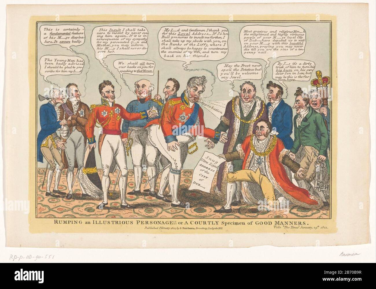 Koning George IV en Ierse gezanten, 1821 Rumping an illustrious personage or a courtly specimen of good manners (titel op object) Cartoon by King George IV in 1821 envoys from the Irish city of Dublin ontvangt. Manufacturer : printmaker: anonymous publisher John Fairburn (listed property) Place manufacture: printmaker: England Publisher: London Date: Feb 1821 Physical features: etching, hand-colored material: paper Technique: etching / hand color dimensions: plate edge: h 250 mm × W 355 mm Subject: diplomacy diploma twan down: 1821 - 1821 Stock Photo