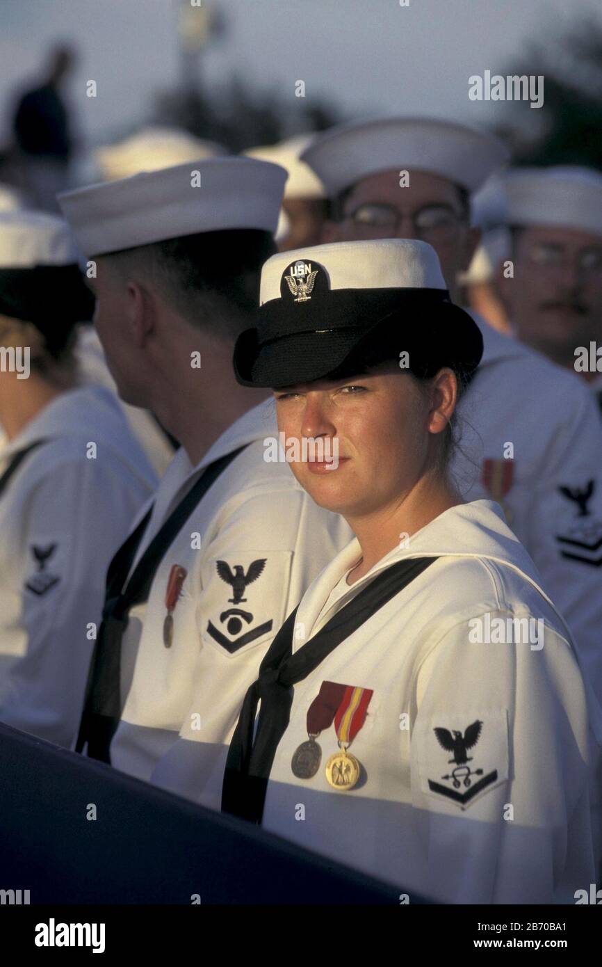 Galveston, Texas USA, 1997: Young female enlisted sailor on USS Ross, Arleigh Burke-class guided missile destroyer (DDG-71).  ©Bob Daemmrich Stock Photo