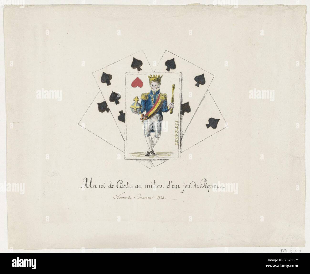 Koning Leopold I als de hartenkoning, 1831-1832 Un roi de Cartes au milieu  d'un jeu de Piques (titel op object) the Belgian king Leopold I presented  on a map if the heart