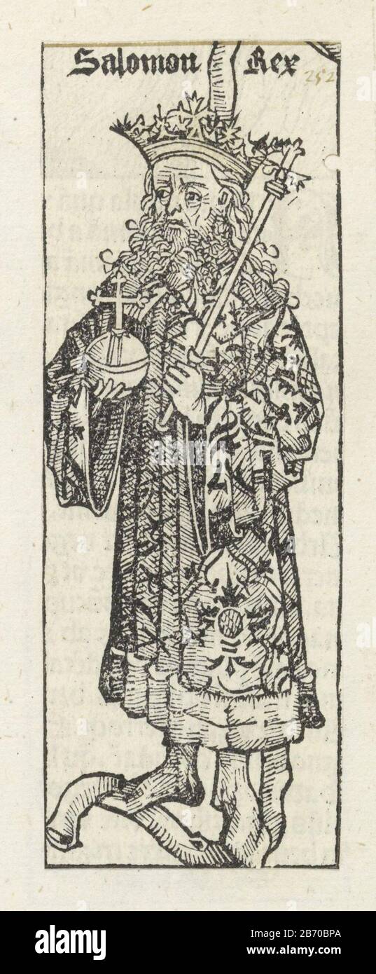 Koning Salomo Salomon Rex (titel op object) Liber Chronicarum (serietitel) King David with orb and scepter. The performance is a fragment of the genealogy of Christ in the Liber Chronicarum. The print is part of a album. Manufacturer : printmaker Michel Wolgemut (studio) printmaker: Wilhelm Pleydenwurff (workshop) Place manufacture: Nuremberg Date: 1493 Physical features: woodcut pasted on album leaf; verso with text printing material: paper Technique: letterpress / woodcut / paste dimensions: print: H 147 mm × W 53 mmToelichtingDe woodcut used in book illustration in the Liber Chronicarum (or Stock Photo
