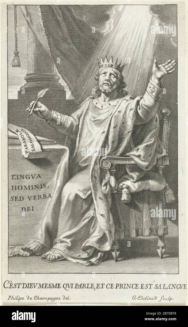 Koning Salomon King Solomon sits with raised arm and quill in light beams  from the sky. under the voostelling a caption in Latijn. Manufacturer :  print maker: Gerard Edelinck (indicated on object)