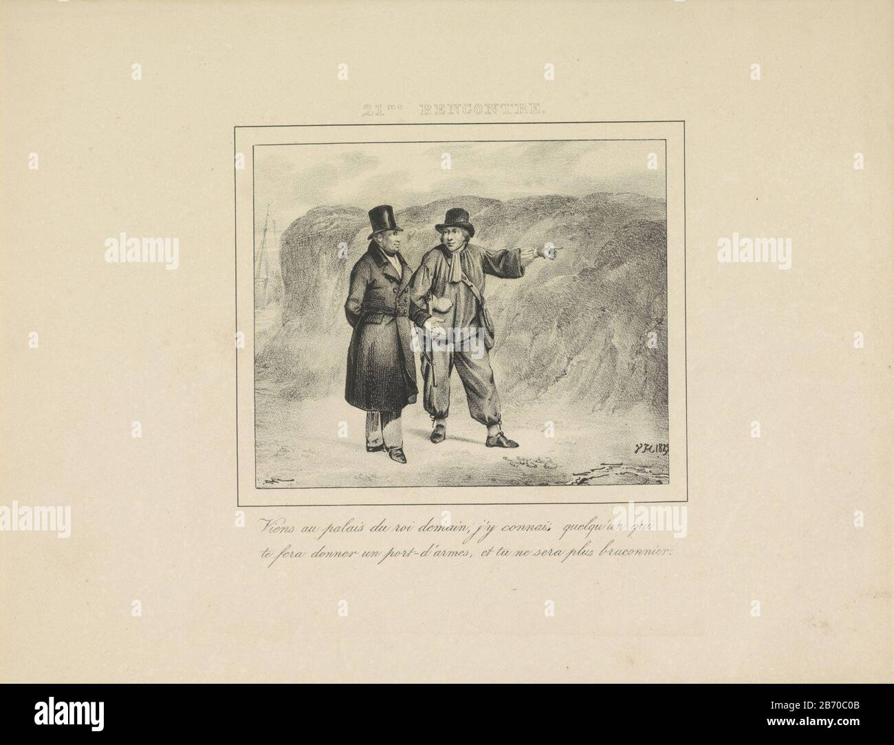 Koning Willem I ontmoet een stroper, 1829 21me rencontre (titel op object) Les rencontres (serietitel op object) Ontmoetingen met koning Willem I, 1829-1830 (serietitel) the king meets a poacher he recommends to come the next day to the palace where he can get a hunting license so he does not have to poaching. With two-line caption. Part of the series of 24 plates meetings with King William I, published under the title "Les rencontres' in 1829-1830. Manufacturer : printmaker Jean-Louis Van Hemelryck (listed building) printer: Jean Baptiste Ambroise Marcellin JobardPlaats manufacture: Brussels Stock Photo