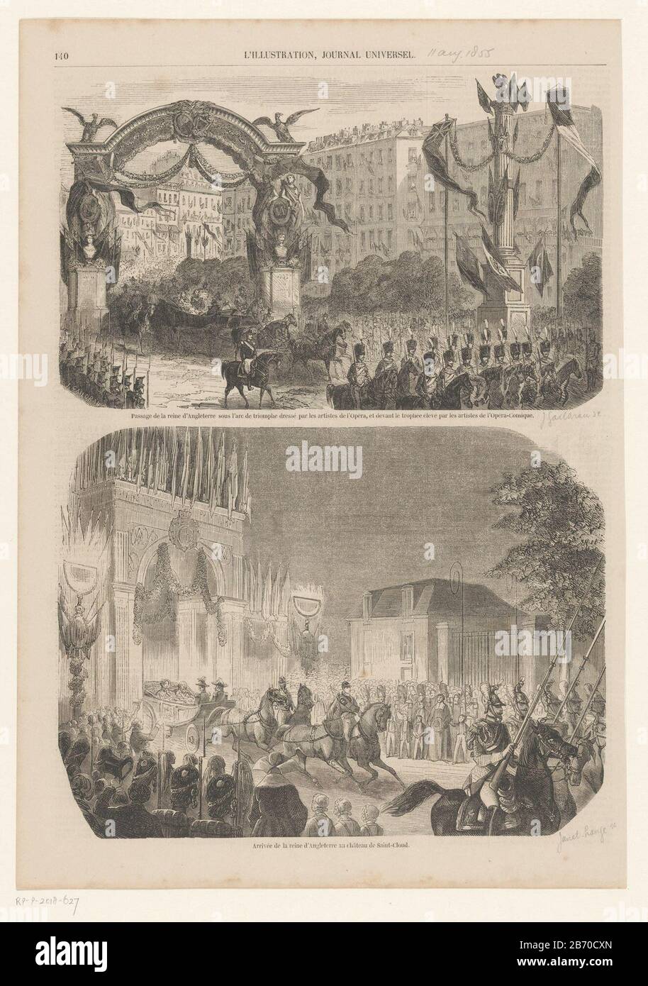 Two representations of the royal visit of queen Victoria to Napoleon III in Paris, August 18, 1855. Above: carriage rides through the triumphal arch built by the artists the opera. Below: arrival at the royal palace Château de Saint-Cloud. Manufacturer : printmaker J. Gaildrau (listed building) printmaker: Ange Louis Janet-Lange (listed property) Place manufacture: France Date: 1855 Physical features: wood engra material: paper Technique: wood engra dimensions: sheet: h 364 mm × W 255 mmToelichtingIllustratie taken from the episode of 'L'Illustration, Journal Universel 'August 1855. Subject: p Stock Photo
