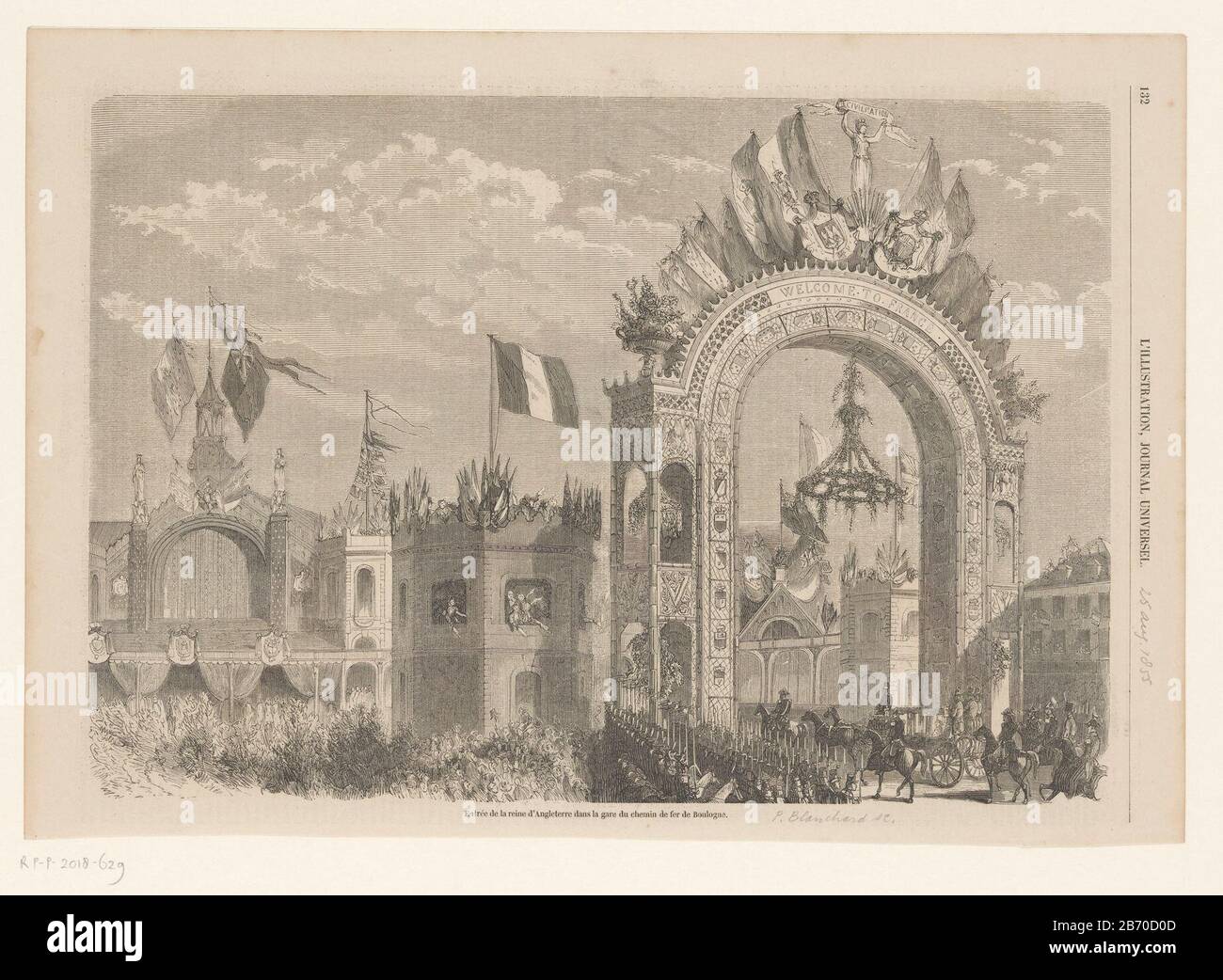 the royal visit by queen Victoria to Napoleon III, August 17 1855. the carriage with the queen at the train station Boulogne drive through a huge triumphal arch inscribed 'Welcome to France '. Manufacturer : printmaker: P. Blanchard Date: 1855 Physical features: wood engra material: paper Technique: wood engra dimensions: sheet: h 254 mm × W 363 mmToelichtingIllustratie taken from the episode of' L'Illustration, Journal Universel 'of 25 August 1855. Subject: public festivities royal at other events, not Meant or Mentioned above where: 1855-08-17 - 1855-08-17 Stock Photo