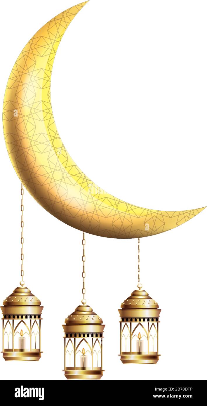 ramadan kareem golden lanterns hanging with crecent moon Stock Vector ...
