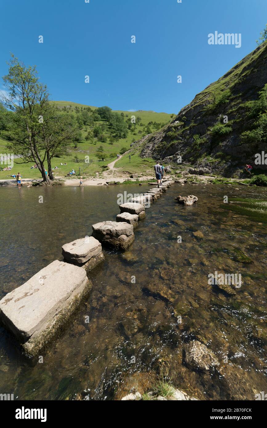 Stepping stone at Dovedale, River Dove, Peak District National Park Derbryshire England, UK Stock Photo