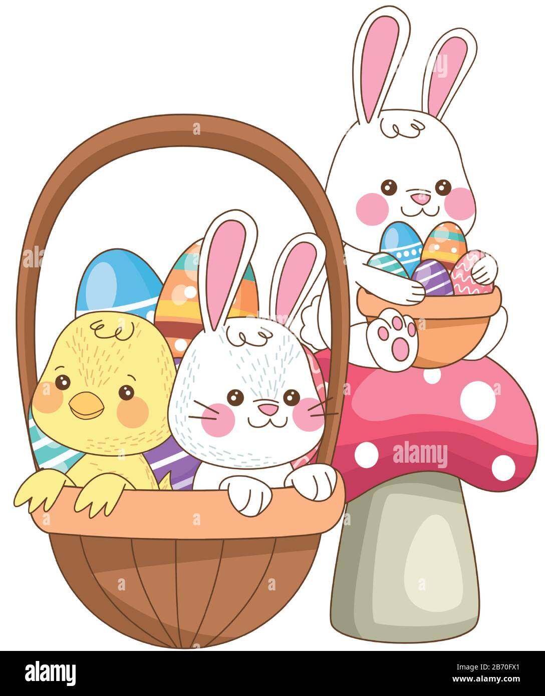little rabbit and chick with eggs painted in basket Stock Vector Image ...