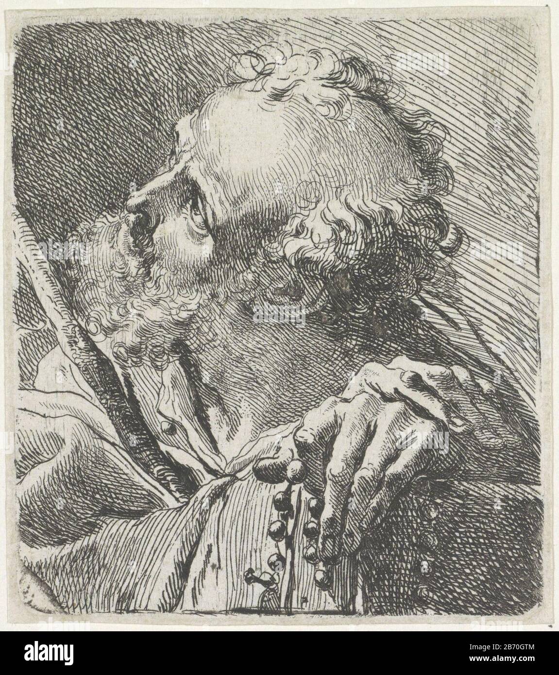 Kop van een heilige met rozenkrans Cup of male saint with beard, looking up at an angle. He holds a rosary in his left hand and a stick in rechterhand. Manufacturer : printmaker: Gaetano GandolfiPlaats manufacture: Italy Date: 1744 - 1802 Physical features: etching material: paper Technique: etching Dimensions: plate edge: H 110 mm × W 98 mm Subject: aids for prayer, eg rosaryheiligen Stock Photo