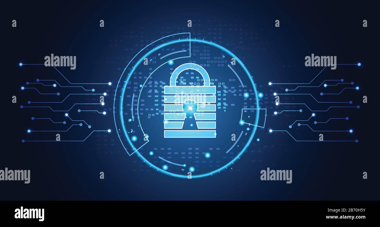 Abstract technology cyber security privacy information network concept padlock protection digital network internet link on hi tech blue future backgro Stock Vector