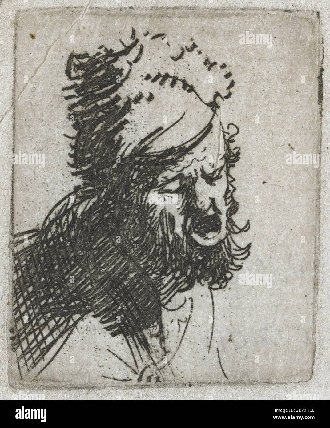 Kop van een man met bontmuts, schreeuwend Head of a man with fur hat, shouting object type: picture Item number: RP-P-OB-710ACatalogusreferentie: New Hollstein Dutch 36-5 (7) Bartsch 327-3 (3) Hollstein Dutch 327-3 (3 ) Inscriptions / Marks: inscription verso lower left, pencil: 'Valletti / 1807'Lugt 2478 aopschrift, verso lower left, pencil:' C. 12010 '(Colnaghi number) Manufacture Vervaardiger: print maker: Rembrandt van Rijn To own design of Rembrandt van Rijn Date: 1627 - 1632 Physical characteristics: etching, printed with light sheet tone material: paper Technique: etching / plate tone d Stock Photo