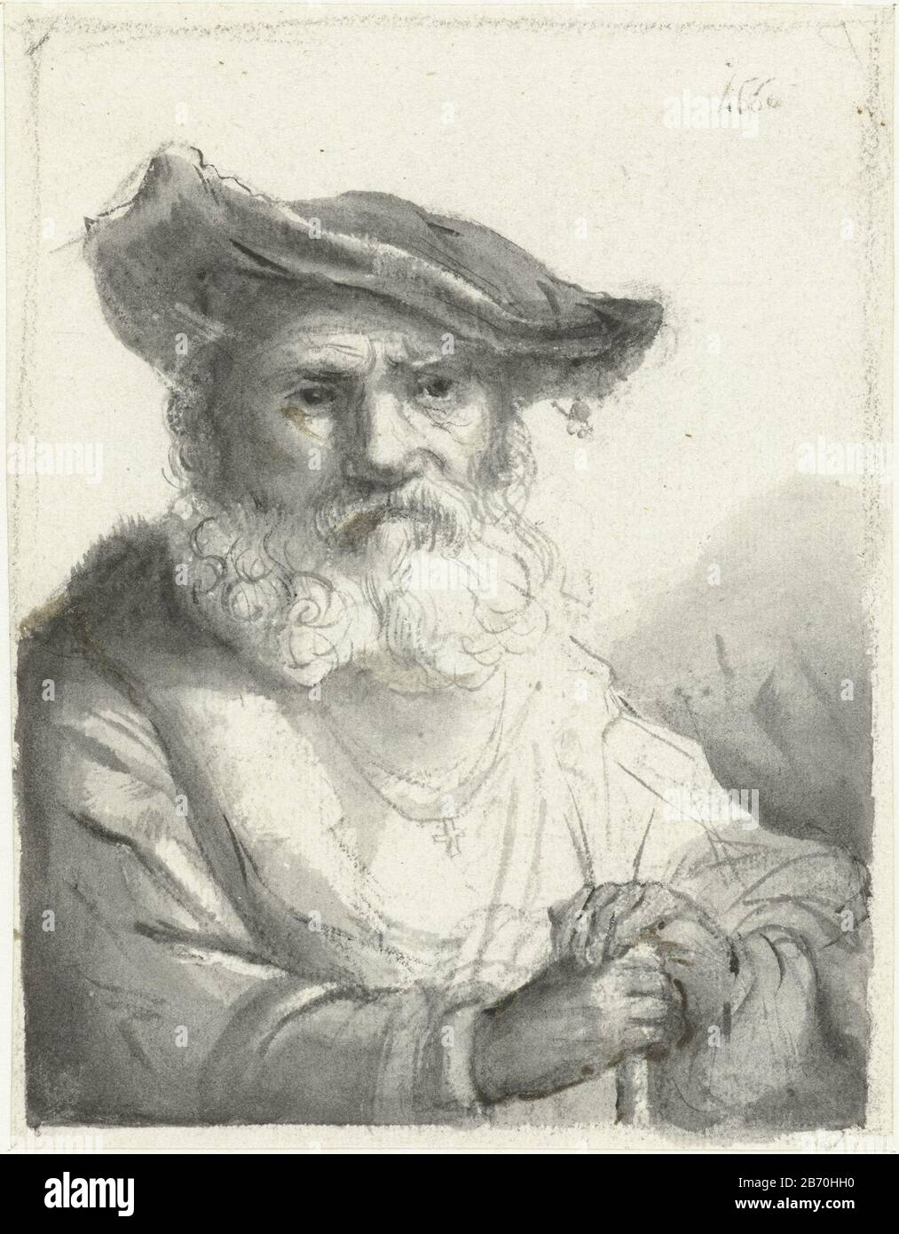 Kop van een oude, bebaarde man met een fluwelen baret Head of an old,  bearded man with a velvet beret object type: Drawing Object number:  RP-T-1887-A-1085Catalogusreferentie: Kettering 81 M Inscriptions / Brands: