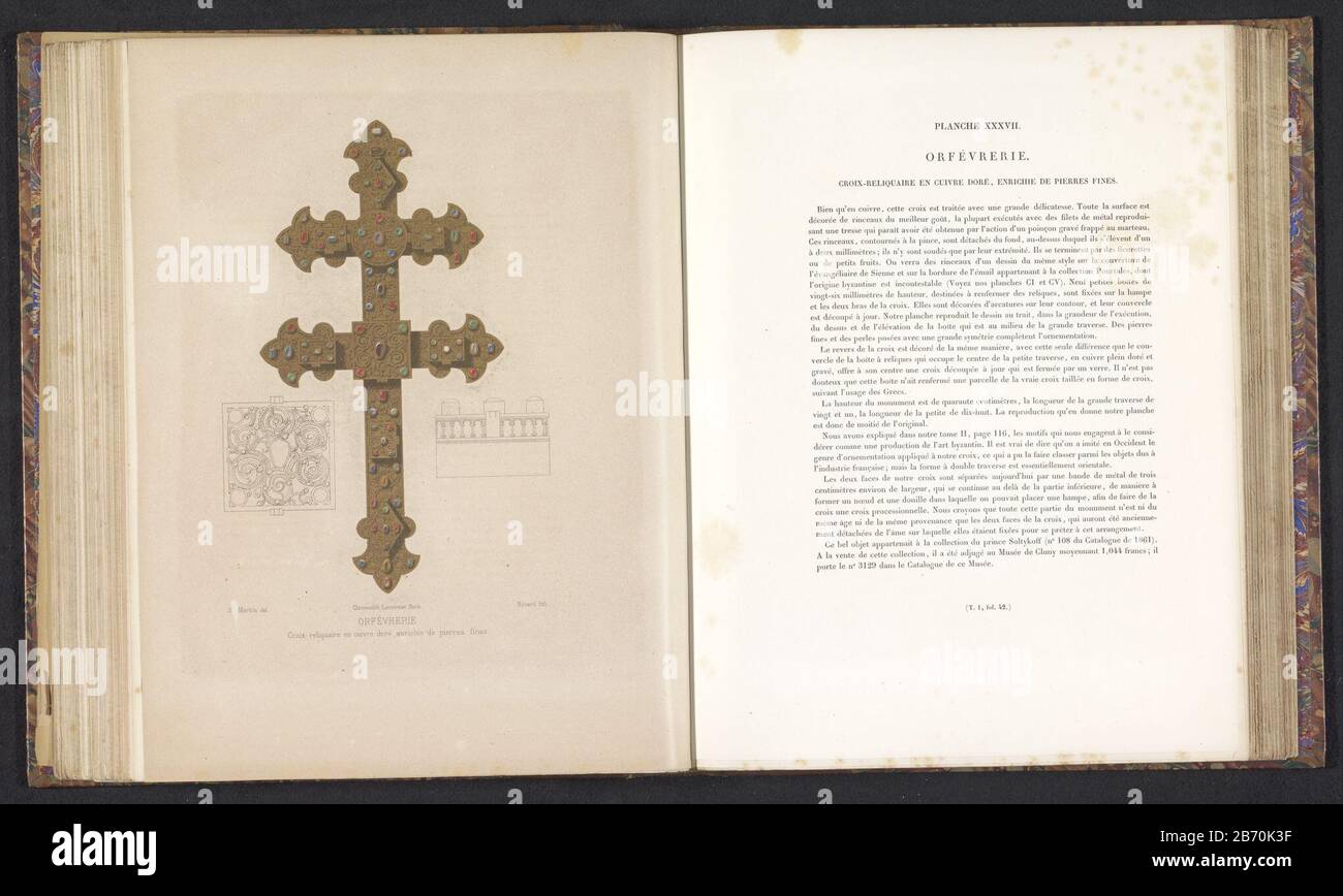 Copper cross with gemstones Croix-reliquaire and cuivre doré, enrichie the pierres fines (title object) ORFEVRERIE (series title) Property Type: print page Item number: RP-F 2001-7-192A-38 Manufacturer : printmaker: Ricard (indicated on object) to drawing of: JC Koch (listed building) printer: Joseph-Rose Lemercier (listed property) Place manufacture: Paris Date: ca. 1859 - or for 1864 Material: paper Technique: chromolithografie Dimensions: print: H 203 mm × W 140 mm Subject: the cross  symbols Stock Photo