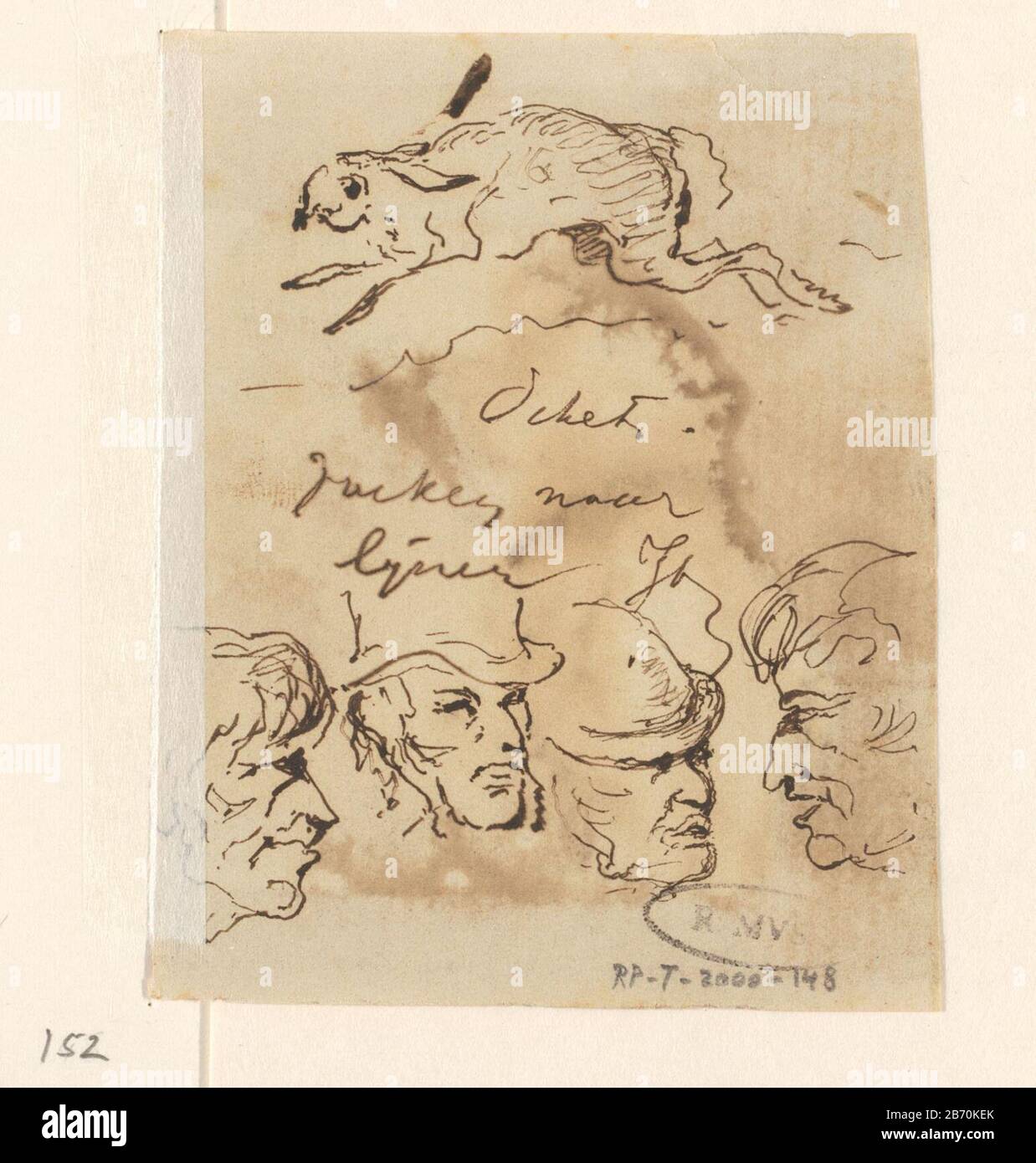 Koppen Sketches cups and a hare. Labeled 'search lijnen'. Manufacturer : artist: John Tavenraat (personally signed) Date: 1840 - 1860 Physical features: pen in brown material: paper ink Technique: Brush size: h 90 mm × W 71 mm Subject: rodents: share Stock Photo