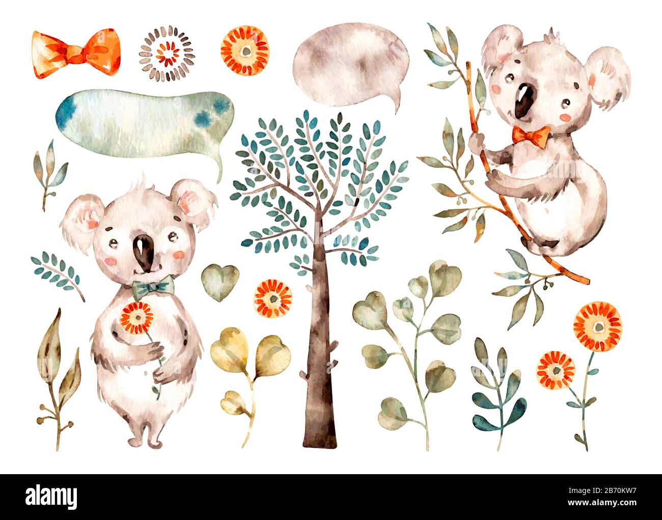 Baby cute koala. Watercolor nursery cartoon australian animals, tropical  trees, leaves. Adorable Nurseries animal set isolated on white background.  Ha Stock Vector Image & Art - Alamy