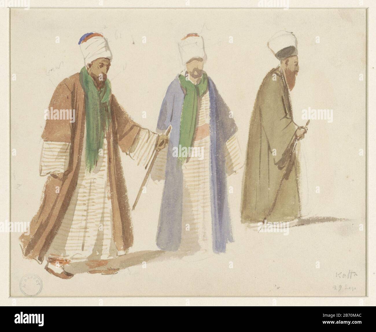 Kostuumstudies van drie derwischen te Kaffa Costume Studies of three dervishes to Kaffa Object Type : Drawing Object number: RP-T-1959-15 (R) Manufacture Creator: artist: Denis Auguste Marie Raffet Dating: 1832 - 1842 Physical features: brush in watercolor, pencil material: paper watercolor pencil technique: brush dimensions: h 155 mm × W 194 mm Stock Photo