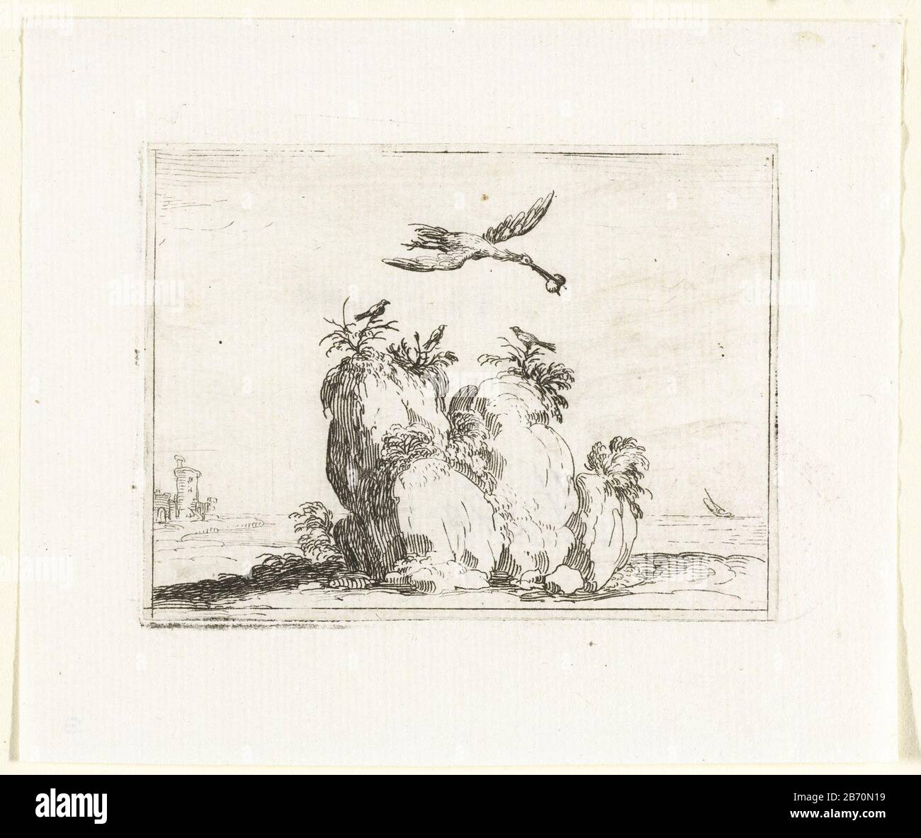 Kraanvogel met een steen in de snavel Kloosterleven in emblemen (serietitel) Presentation of a crane with a stone in the bill, which has a rock flying Where: sit on three little birds. This chapter is part of the series logo 'Abbey Life emblems. The second state of this series includes alongside an illustrated title page and 26 emblems have a title page and a sheet assignment, both in printing without afbeelding. Manufacturer : printmaker Jacques Callotnaar own design: Jacques CallotPlaats manufacture: Nancy Date: 1621 - 1635 Physical features: etching material: paper Technique: etching dimens Stock Photo