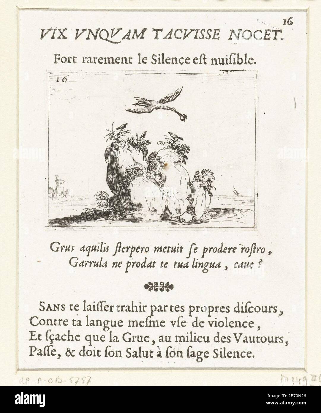 Kraanvogel met een steen in de snavel Vix unquam tacuisse nocetFort rarement le Silence est nuisible (titel op object) Kloosterleven in emblemen (serietitel) Presentation of a crane with a stone in the bill, which has a rock flying Where: on three small birds sitting. Above and below this post Latin and French texts in letterpress. This chapter is part of the series logo 'Abbey Life emblems. The second state of this series includes alongside an illustrated title page and 26 emblems have a title page and a sheet assignment, both in printing without afbeelding. Manufacturer : printmaker Jacques Stock Photo