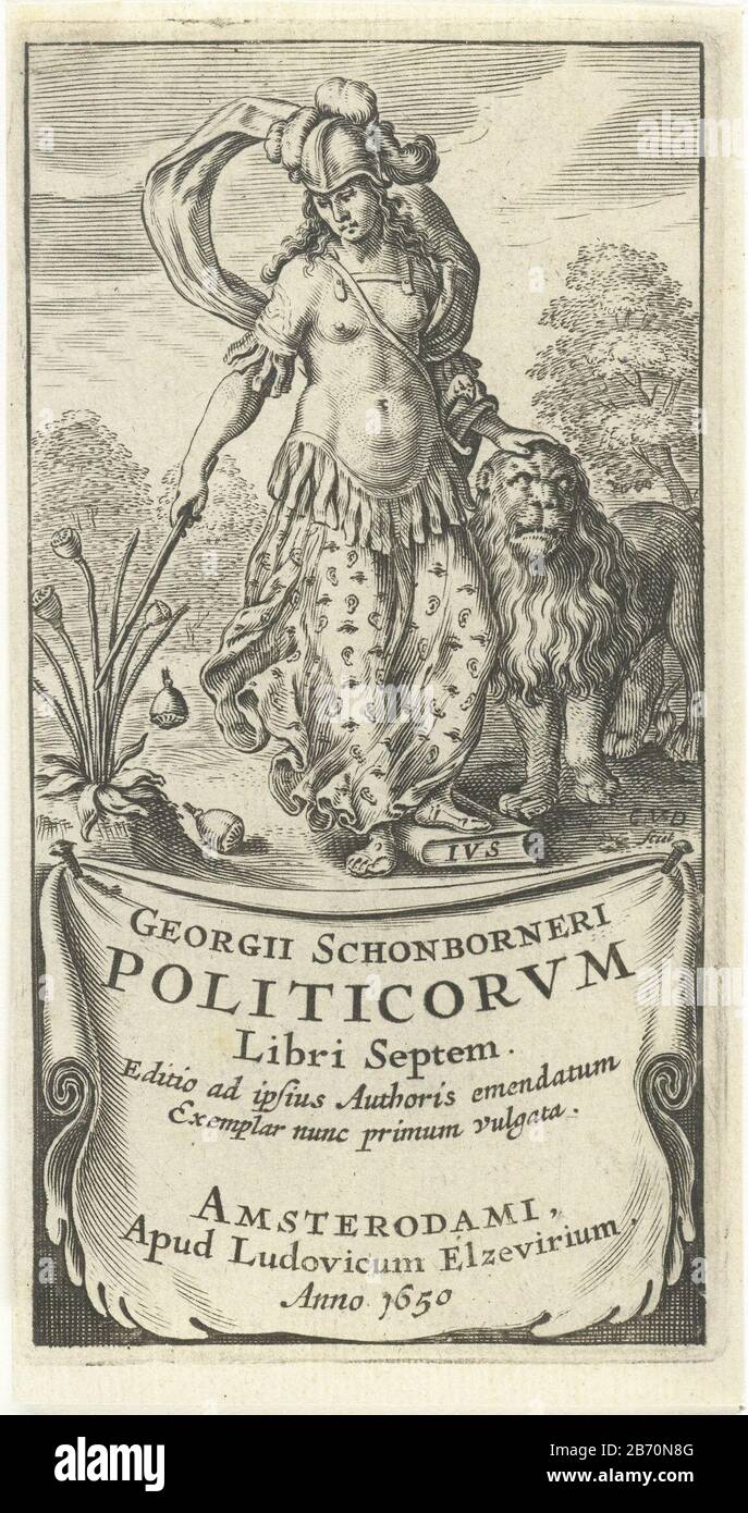 Kracht als vrouwelijke soldaat in wapenrusting met leeuw Titelpagina voor Politicorvm libri septem, Amsterdam 1650 Politicorvm libri septem (titel op object) female personification of Strength and Courage, one of the cardinal virtues, dressed as a soldier in armor. Her hand rests on the head of a lion with a stick they turn testes of a poppy plant. On a cloth or cartouche, the titel. Manufacturer : printmaker Cornelis van Dalen (I) (listed building) publisher: Lowijs Elzevier (III) (listed building) Place manufacture: Amsterdam Date: 1650 Physical features: car material: paper Technique: engra Stock Photo
