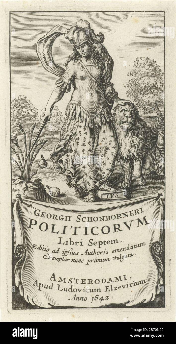 Kracht als vrouwelijke soldaat in wapenrusting met leeuw Titelpagina voor Politicorvm libri septem, Amsterdam 1642 Politicorvm libri septem (titel op object) female personification of Strength and Courage, one of the cardinal virtues, dressed as a soldier in armor. Her hand rests on the head of a lion with a stick they turn testes of a poppy plant. On a cloth or cartouche, the titel. Manufacturer : printmaker Cornelis van Dalen (I) (listed building) publisher: Lowijs Elzevier (III) (listed building) Place manufacture: Amsterdam Date: 1642 Physical features: car material: paper Technique: engra Stock Photo