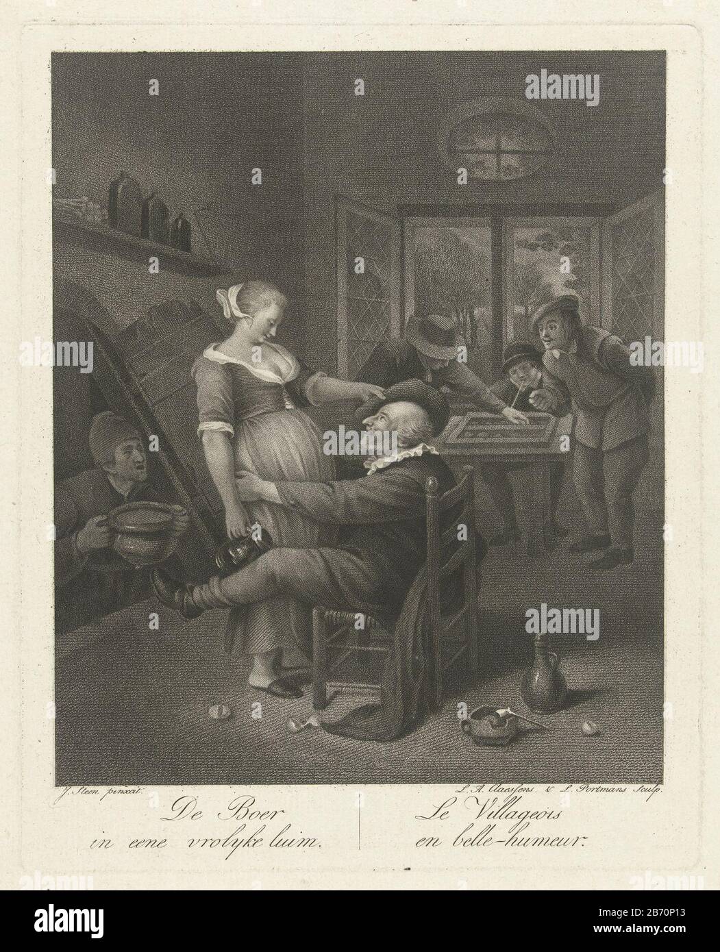 an old man sits on a chair and pulls a young woman to him. Left, a man with a yoke milk from the cellar. At the window playing three men triktrak. Manufacturer : printmaker: Lambertus Antonius Claessens (listed property) to painting by Jan Havicksz. Steen (indicated on object) Place manufacture: unknown date: ca. 1792 - 1834 Physical characteristics: etching and stippelets Material: paper Technique: etching / stippelets Dimensions: plate edge: H 235 mm × W 190 mm Subject: inn, coffee-house, public house, etc. backgammon, backgammon trac Stock Photo