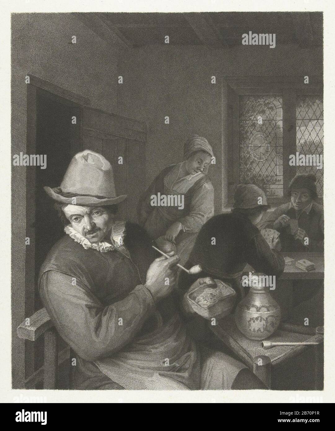 A man with a pipe in hand holds in his other hand a tobacco jar. He is sitting in a bar with a small triangular table. On the table is a bottle and there is a second pipe. In the window are two men playing cards and the maid comes their order opnemen. Manufacturer : printmaker: Lambertus Antonius Claessens to painting: Adriaen van Ostade Place manufacture: Paris Date: ca. 1823 - 1834 Physical features: etching and engra material: paper Technique: etching / engra (printing process) Measurements: plate edge: h 343 mm × W 280 mmToelichtingGemaakt for: Museum français: Recueil des plus beaux table Stock Photo