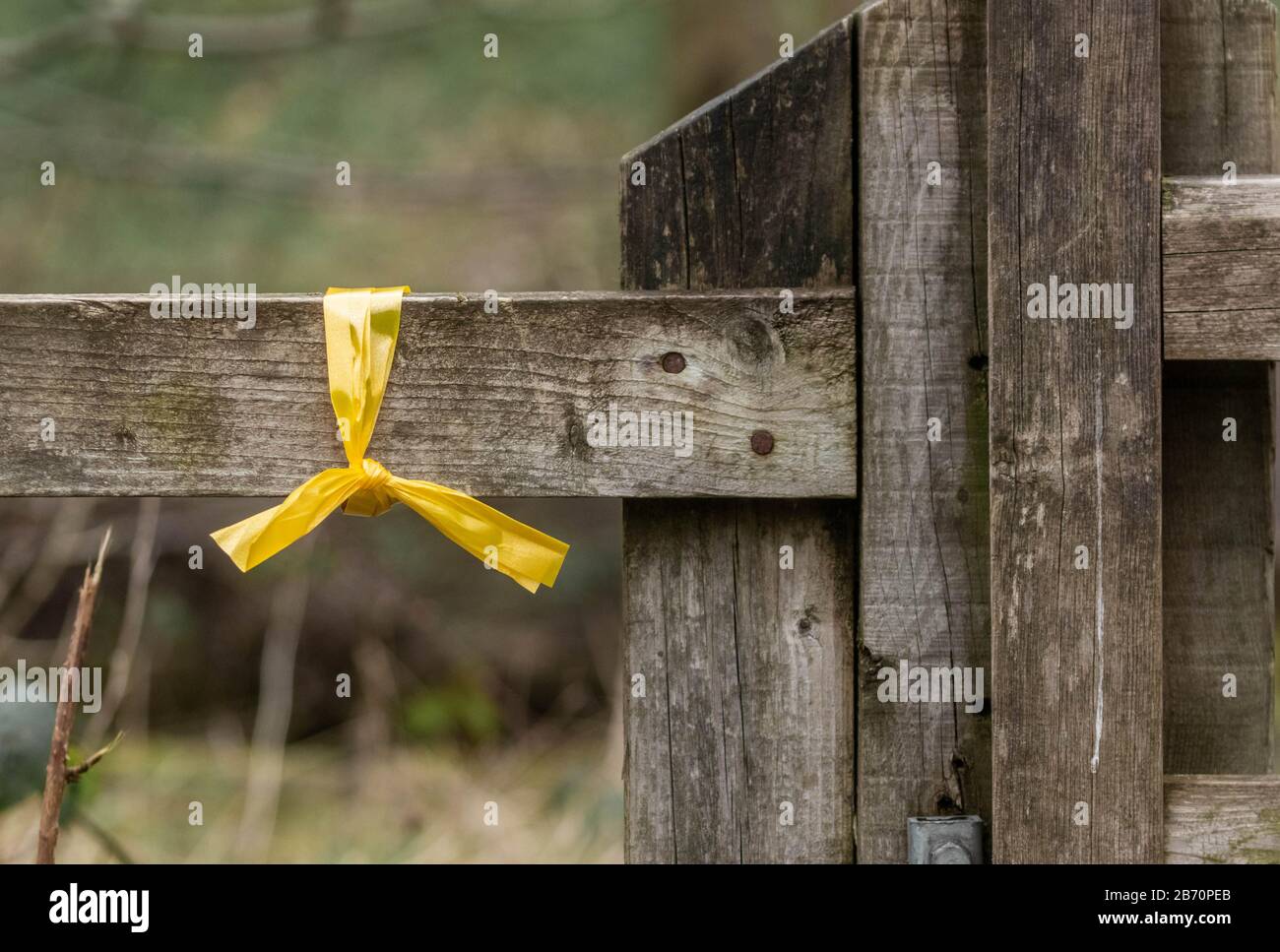 A yellow ribbon tied to a fence shows the route for a walking event. Stock Photo