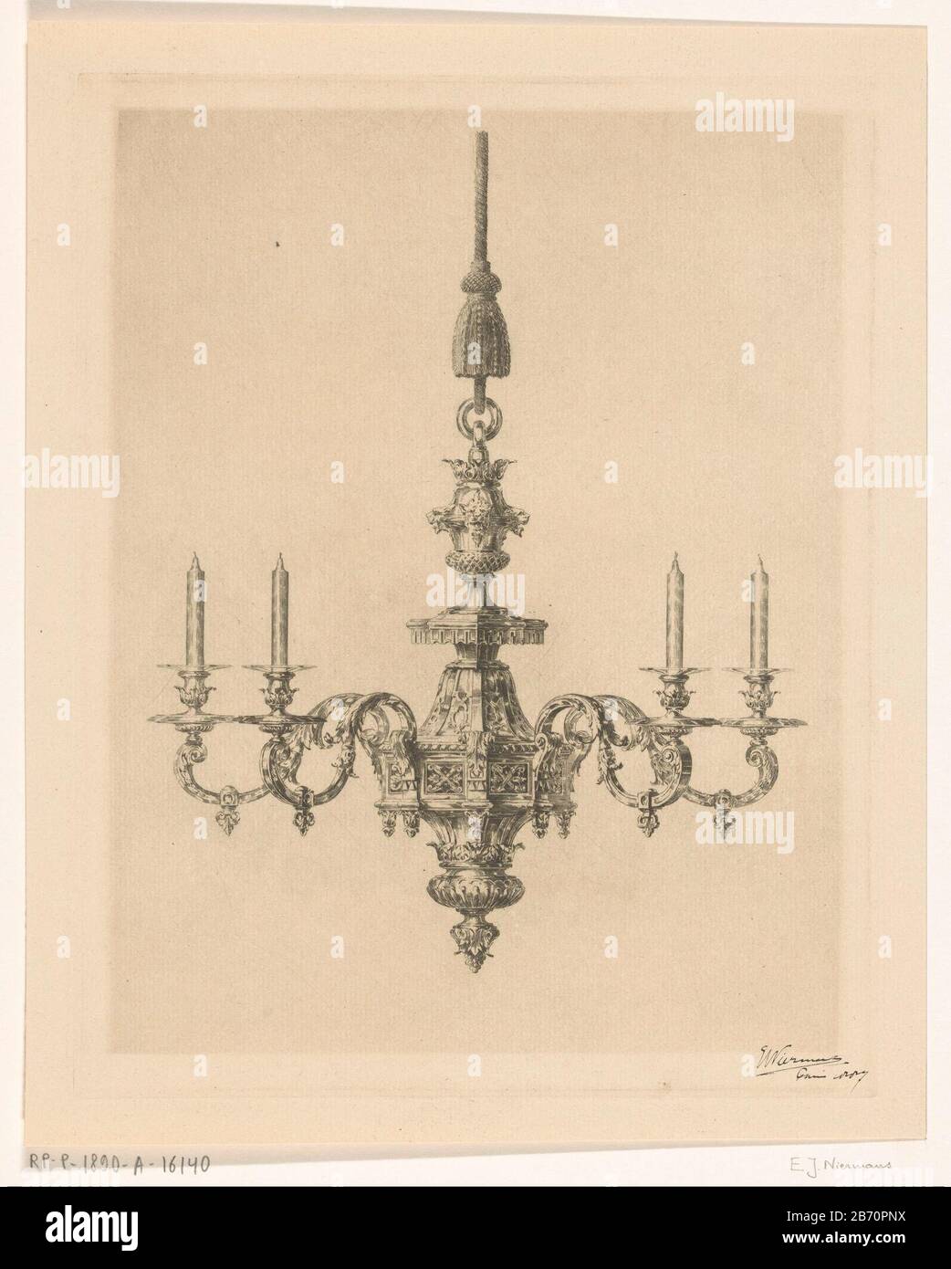 Kroonluchter met vier kaarsen Chandelier with four candles Object type:  picture Item number: RP-P-1890-A 16140 Inscriptions / Brands: collector's  mark, verso, stamped: Lugt 2228 Manufacturer : printmaker Eduard Niermans  (personally signed) Place