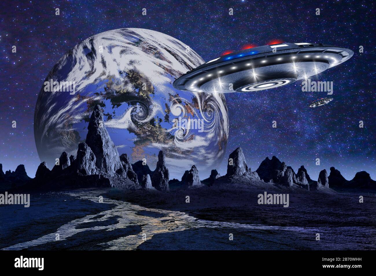 UFO sighting over alien planet Stock Photo