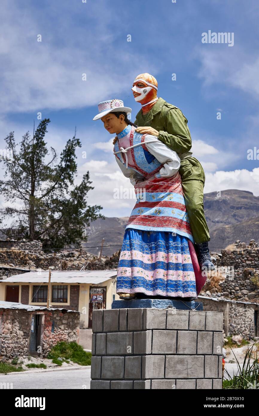 Detailed sculpture showing local rituals at Maca, Peru Stock Photo