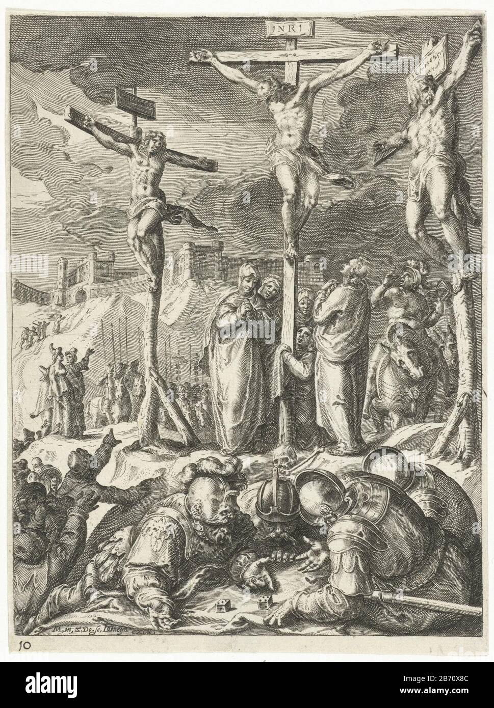 Kruisiging Passie van Christus (serietitel) Christ on the cross next to him the other prisoners. Under the Cross stand John, Mary and Mary Magdalene. In the foreground are the soldiers on the ground and dice clothes to Christ. Print from a series of 13 pictures, and a title print manufactured by Z. and J. Dolendo the Gheyn II. Manufacturer : print maker: Zacharias Dolendo (indicated on object) to a design by: Karel van Mander (indicated on object) publisher: Jacob the Gheyn (II) (listed building) Place manufacture: Leiden Date: 1596 - 1598 Physical features: car material: paper Technique: engr Stock Photo