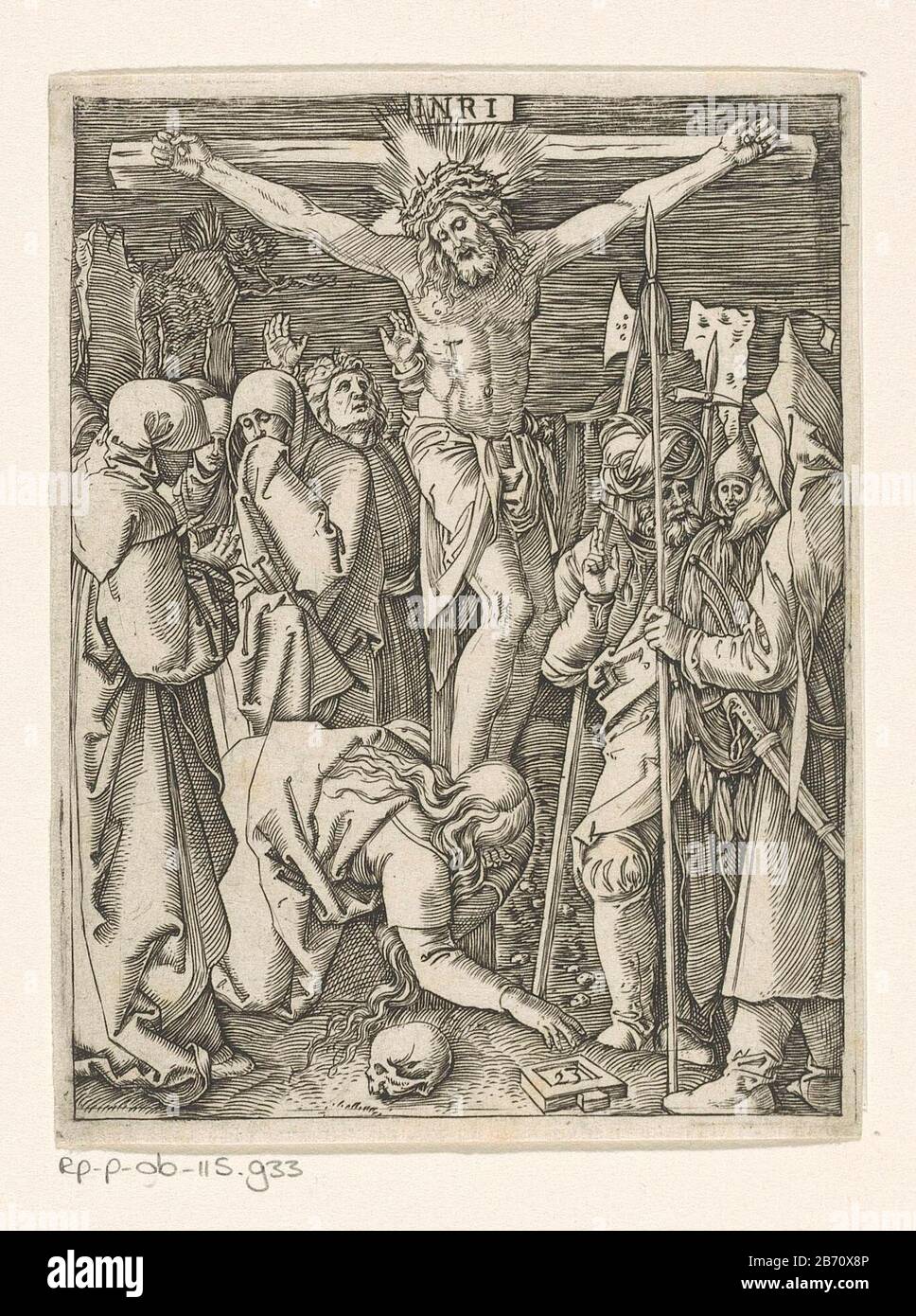 Kruisiging Passie van Christus (serietitel) Crucifixion Passion of Christ (series title) Property Type: picture Item number: RP-P-OB-115.933Catalogusreferentie: The Illustrated Bartsch 240 C7Bartsch 608-2 (3) Description: Lower right numbered plate: 23. Manufacturer : to a design of: Albrecht Dürer Print Author: Marcantonio RaimondiPlaats manufacture: a design by: Germany Print Author: Italy Date: 1511 - 1534 Material: paper Technique: engra (printing process) Measurements: plate edge: h 130 mm × b 99 mmToelichtingPrent to the wood block by Albrecht Dürer of a series of thirty seven prints wit Stock Photo