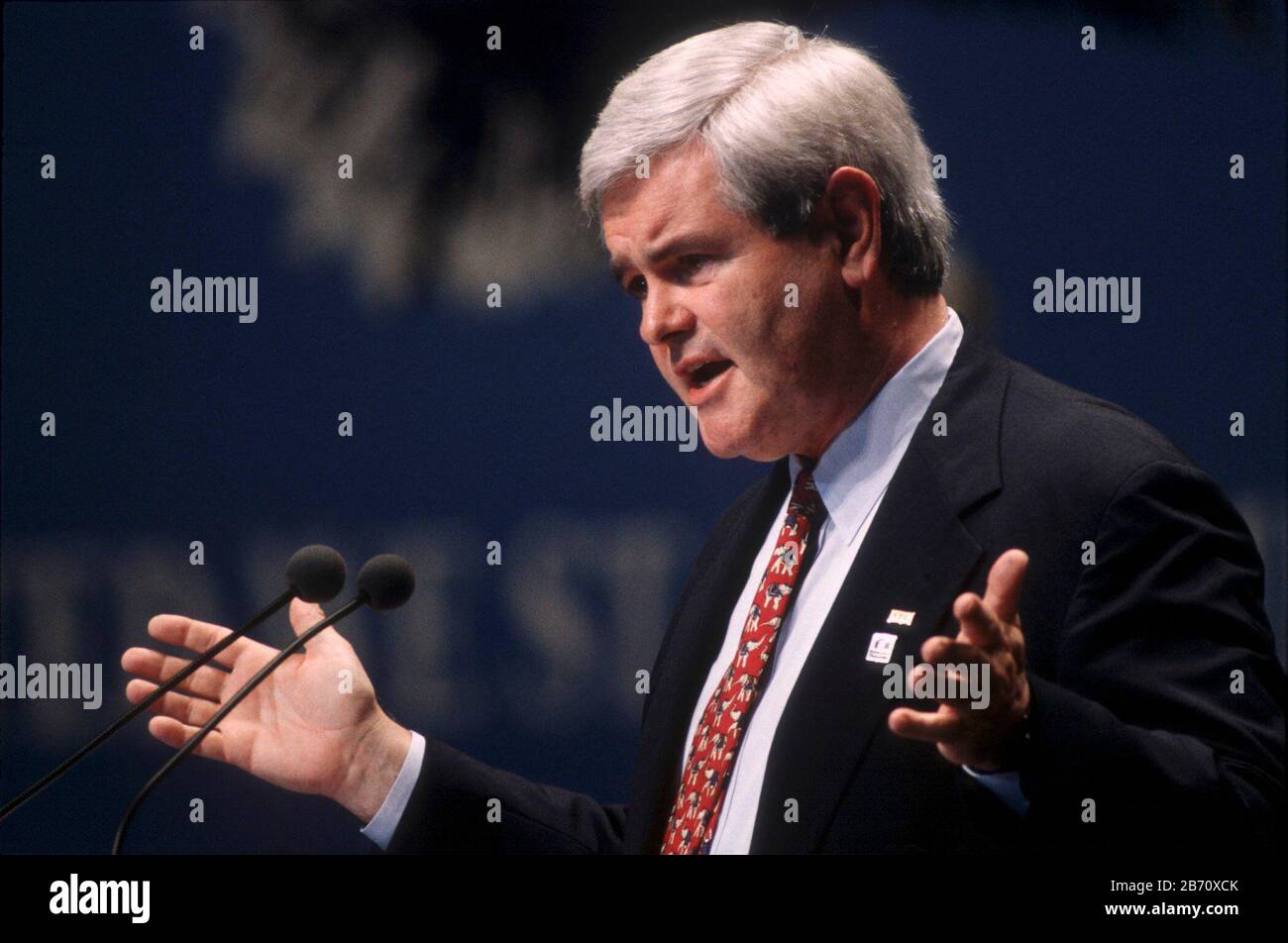 Dallas Texas USA, 1992: US Speaker of the House Newt Gingrich (R- Ga) at Ross Perot's United We Stand America rally. ©Bob Daemmrich Stock Photo