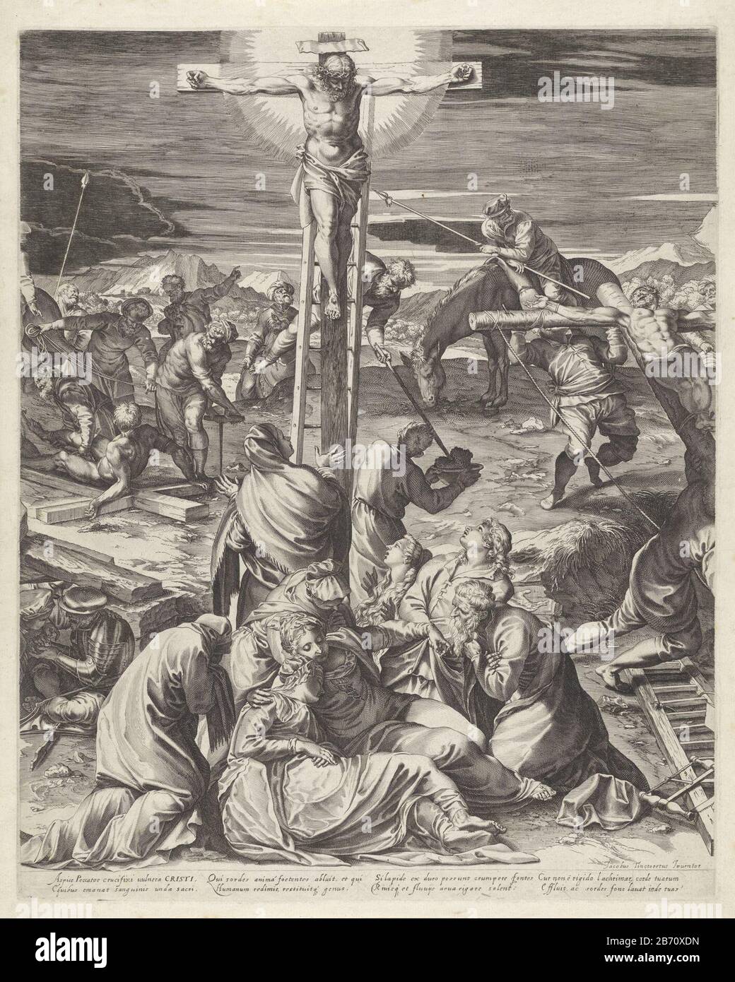Kruisiging van Christus (middendeel) Crucifixion of Christ on Calvary. Christ hanging on the cross, left and right, the two criminals crucified him. Longinus is about to stabbing his lance into Christ's side. A group of men on horses and donkeys watching. The Mary and John grieve under the cross. Text in Latin in ondermarge. Manufacturer : printmaker: Aegidius Sadelernaar picture of: Agostino Carraccinaar painting by Jacopo Tintoretto (listed building) Publisher: Marcus SadelerPlaats manufacture: to print from Italy to painting: Venice Date: on or after 1582 Physical features: engra material: Stock Photo