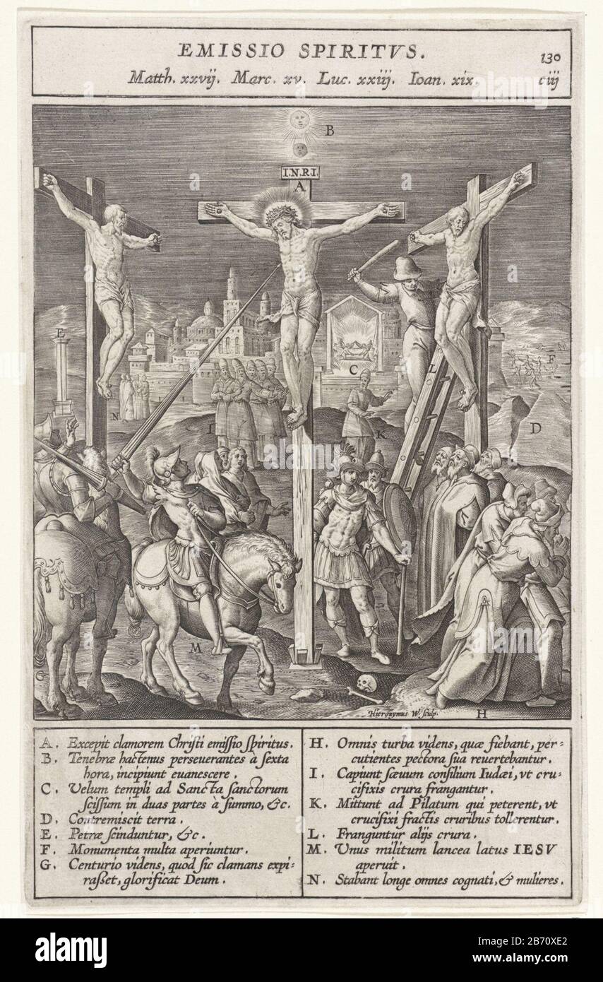 Kruisiging van Christus Emissio Spiritvs (titel op object) Crucifixion of Christ on Calvary. Christ hanging on the cross, left and right of him hang the criminals. Longinus is about to stabbing his lance into Christ's side. At various elements of the show are letters that correspond to the legend in the marge. Manufacturer : printmaker: Jerome Who: rix (listed property) designed by: Bernardino PasseriPlaats manufacture: Antwerp Date: 1593 Physical features: car material: paper Technique: engra ( printing process) Measurements: plate edge: h 232 mm × W 146 mmToelichtingPrent used in: Nadal, Jer Stock Photo