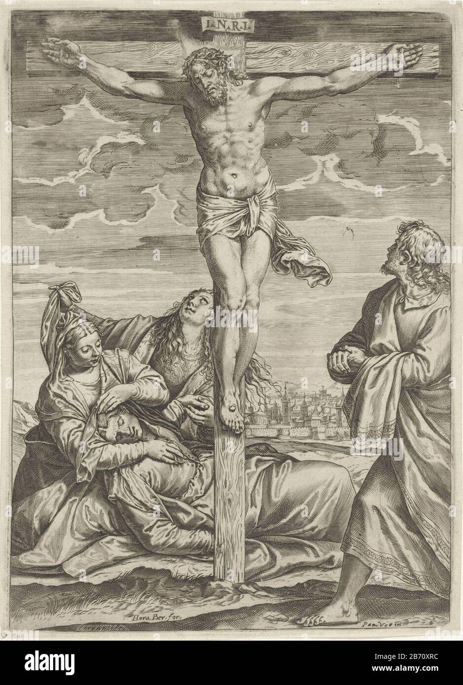 Kruisiging van Christus Christ hanging on the cross. At the foot of the cross is John and Mary collapsed with grief and is held by the Maria's. Manufacturer : printmaker: Agostino Carracci (listed property) to painting by Paolo Veronese (listed building) publisher: Orazio Bertelli (listed object) Place manufacture: printmaker Italy to painting: Venice Publisher: Venice Date: 1567 - 1602 Physical features: car material: paper Technique: engra (printing process) Dimensions: plate edge: h 305 mm × W 218 mmToelichtingNaar a painting by Paolo Veronese in the San Sebastiano too Venetië. Subject: the Stock Photo