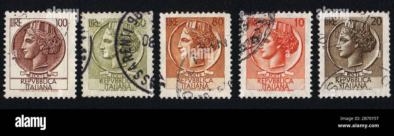Italian Republic, set of the postage stamps, 10, 20, 60, 80, 100  lire,  Italy Stock Photo