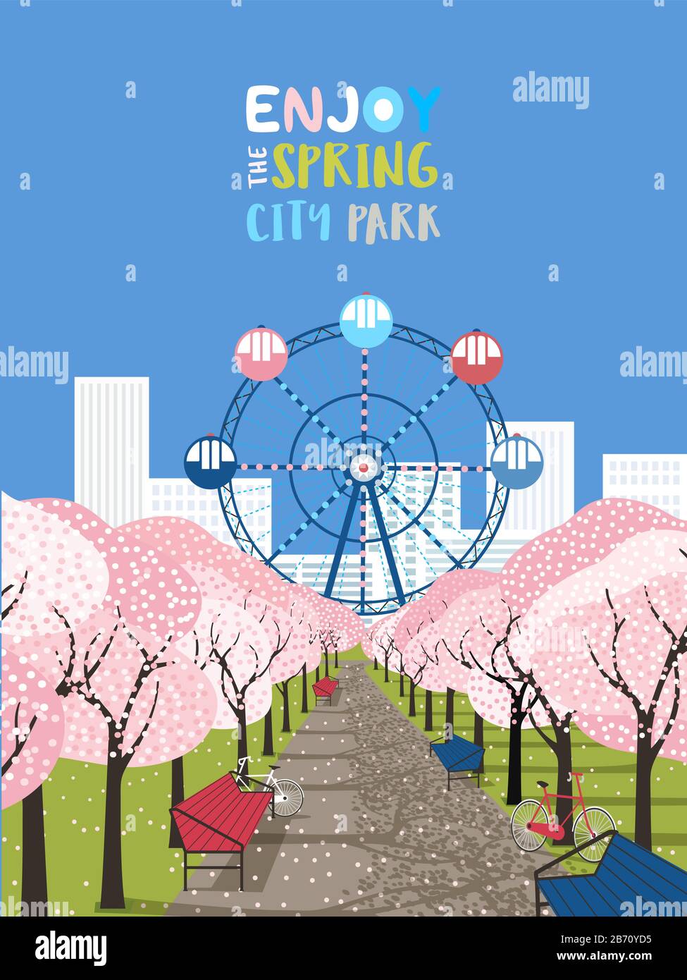 Blooming city park leisure activity vector poster Stock Vector