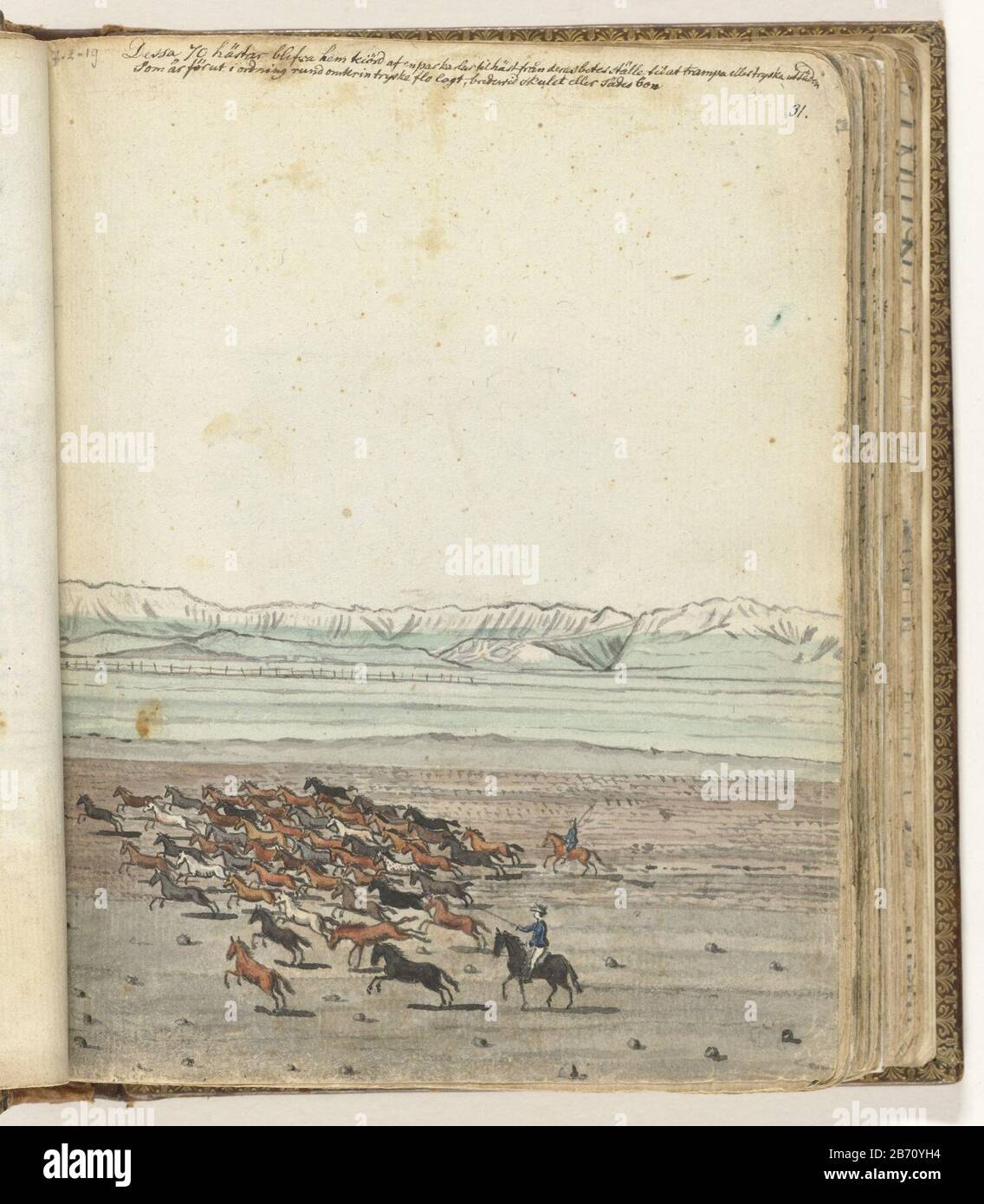 Kudde paarden Color Drawing group running horses driven by two riders on a plain. This is where the landscape: the 'place' of Lochner state, near Cape Town. In the background is the gap to Hottentots Holland. With Swedish legend. Part of the sketchbook of Jan Brandes, Vol. 2 (1808), p. 31 and see p. 114-115, 177-180. Manufacturer : artist: Jan BrandesPlaats manufacture: Cape Town Date: Apr-1786-15-mar-1787 Physical features: watercolor on sketch in pencil, paintbrush color material: Paper Pencil Technique: Brush dimensions: H 195 mm × W 155 mm Date: 1786 - 1787 Stock Photo