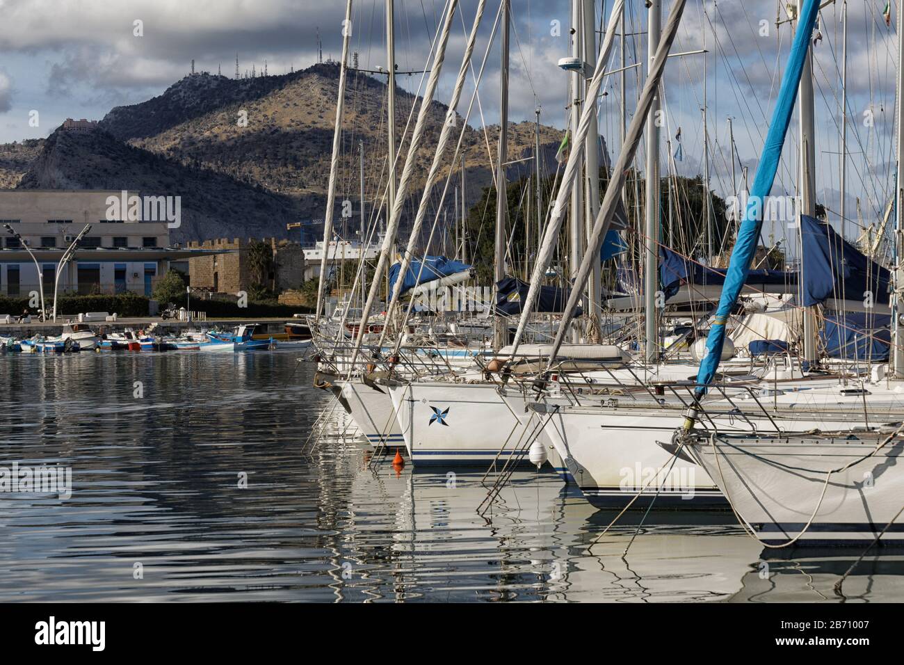 Yacht marina, Palermo, with a view of Monte Pellegrino, Sicily, Italy Stock Photo Stock Photo