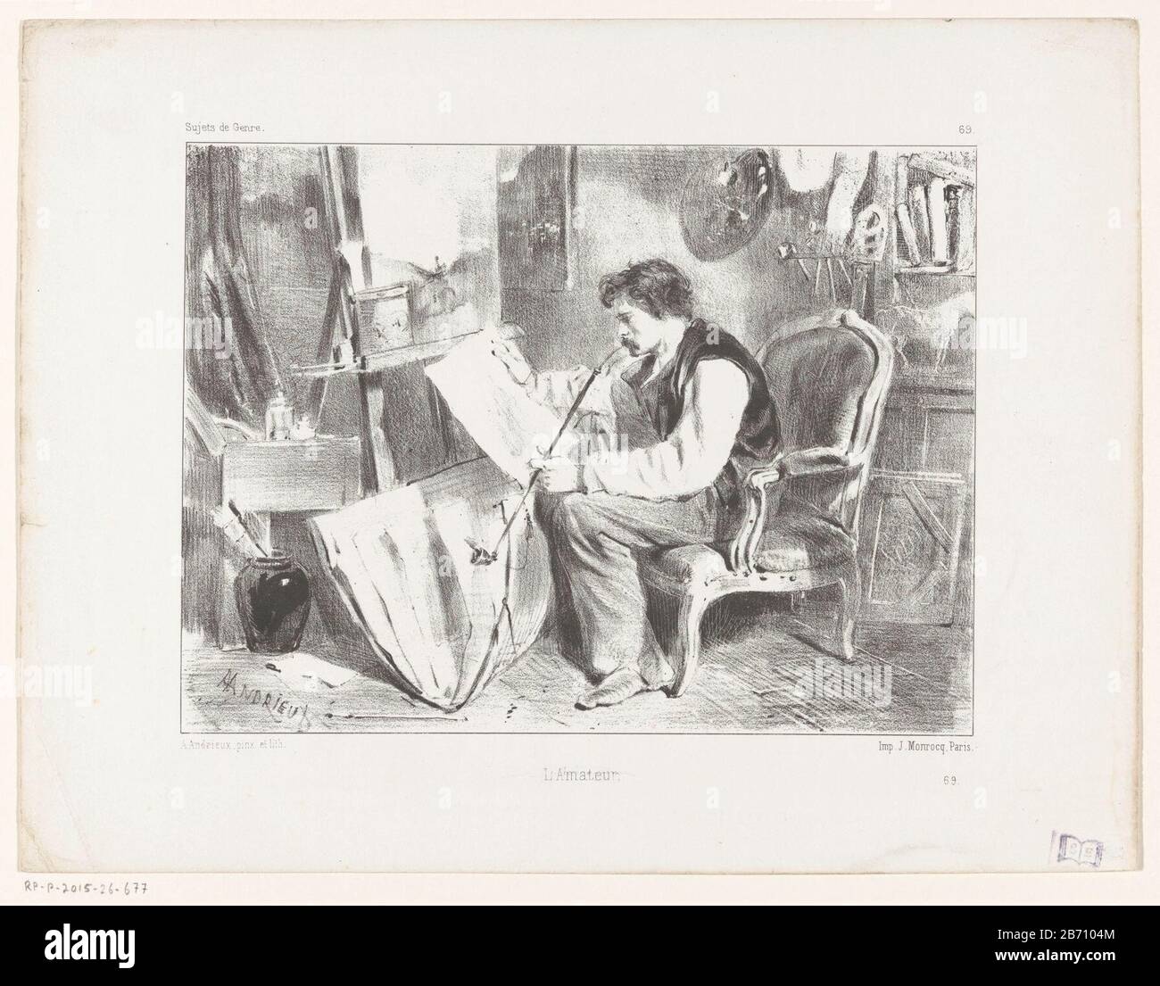 Kunstenaar bekijkt prenten in zijn atelier L'amateur (titel op object) Genretaferelen (serietitel) Sujets de Genre (serietitel op object) The artist sitting on a chair in his studio and viewing a picture or drawing derived from a portfolio that stands for him, meanwhile he is smoking a long pipe . Manufacturer : printmaker Alfred Louis Andrieux (listed property) to painting by Alfred Louis Andrieux (listed building) printer: Jean Noël Monrocq (listed property) Place manufacture: Paris Date: 1889 - 1945 Physical features: lithography material: paper technique: lithography (technique) Dimensions Stock Photo